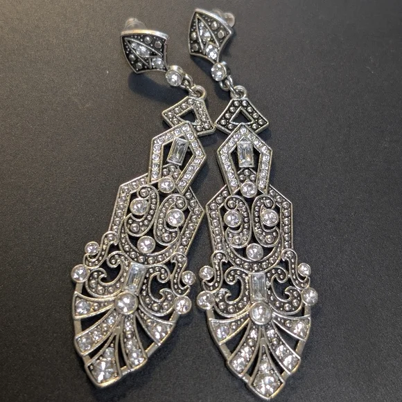Art Deco Inspired Rhinestone Statement Earrings Prom Wedding Glam 3.5 Inches - Picture 3 of 4